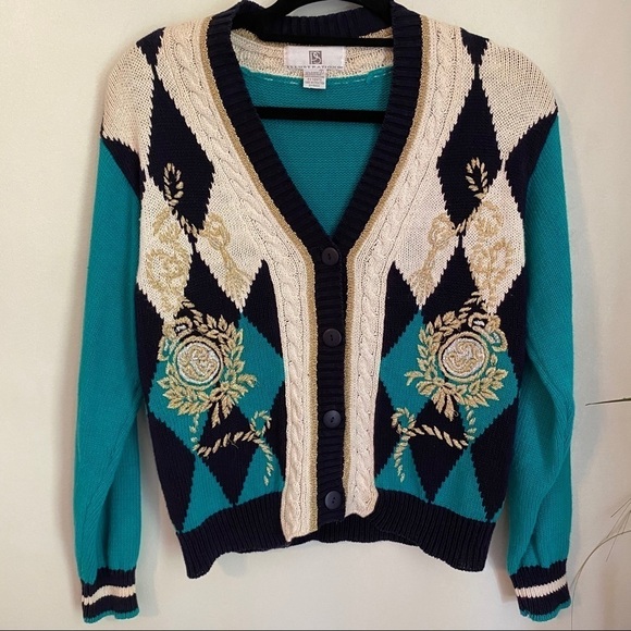 Vintage Green Blue Cream Cable Knit Cardigan - Picture 1 of 10